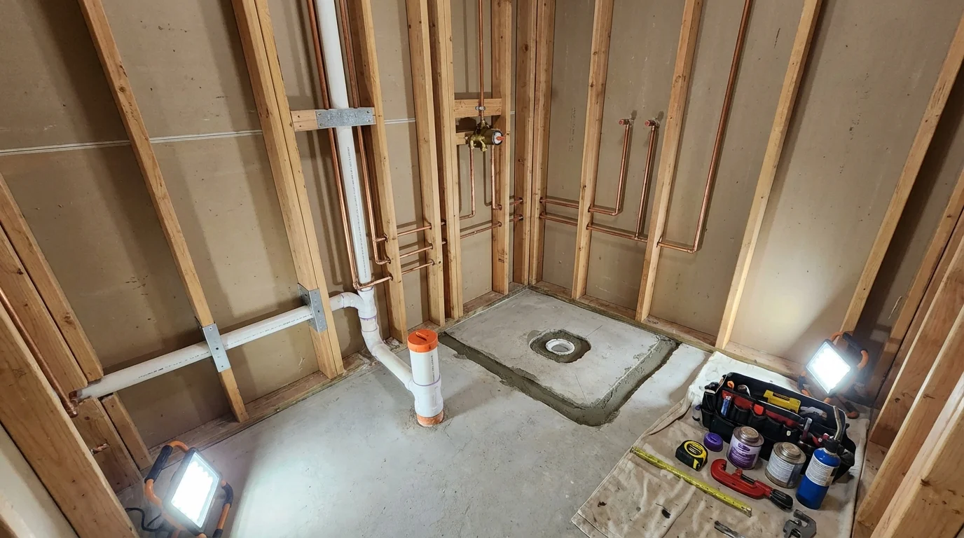 Bathroom rough-in plumbing during remodel by Johns Plumbing LLC in Red Lodge