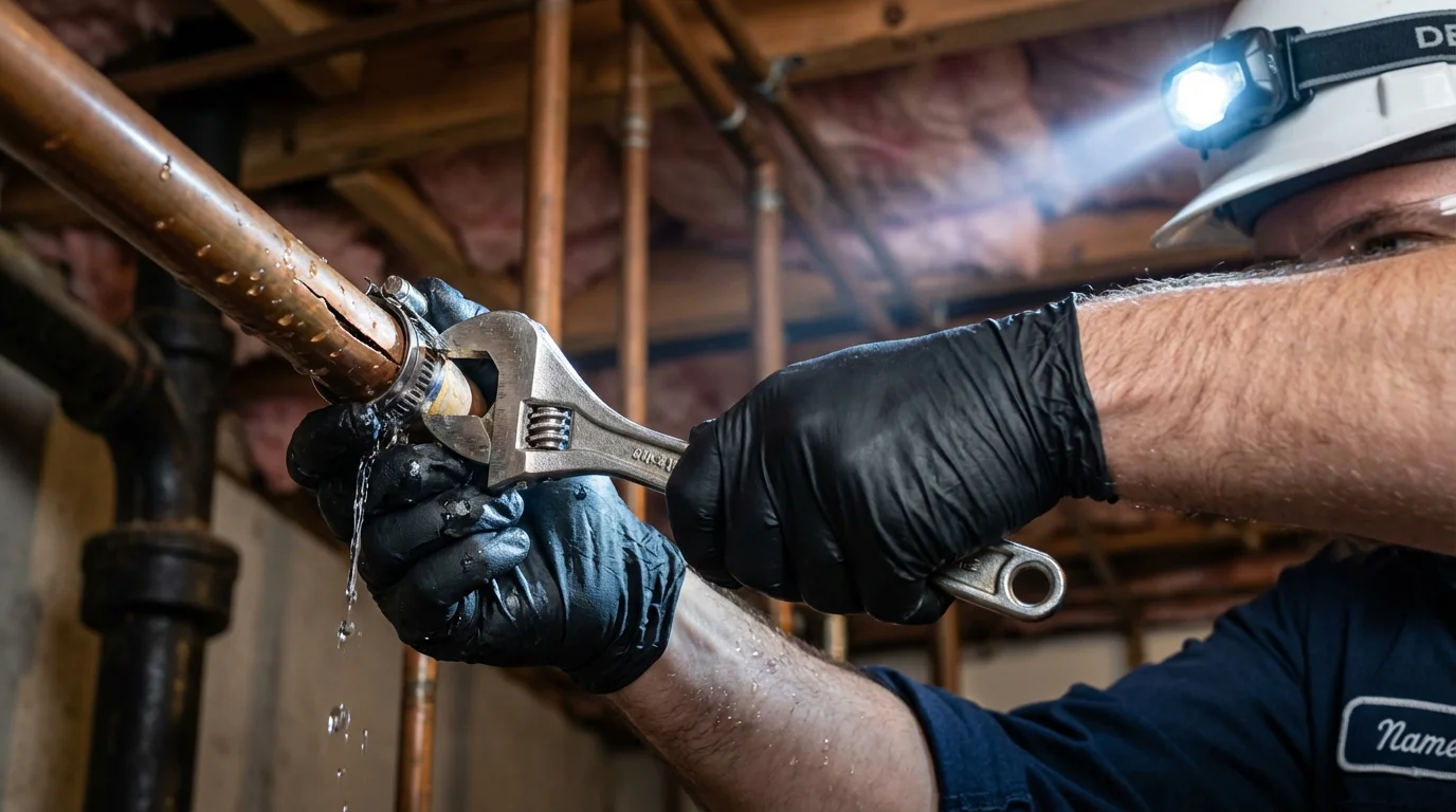 Emergency pipe clamp repair being performed by a Johns Plumbing LLC plumber in Red Lodge