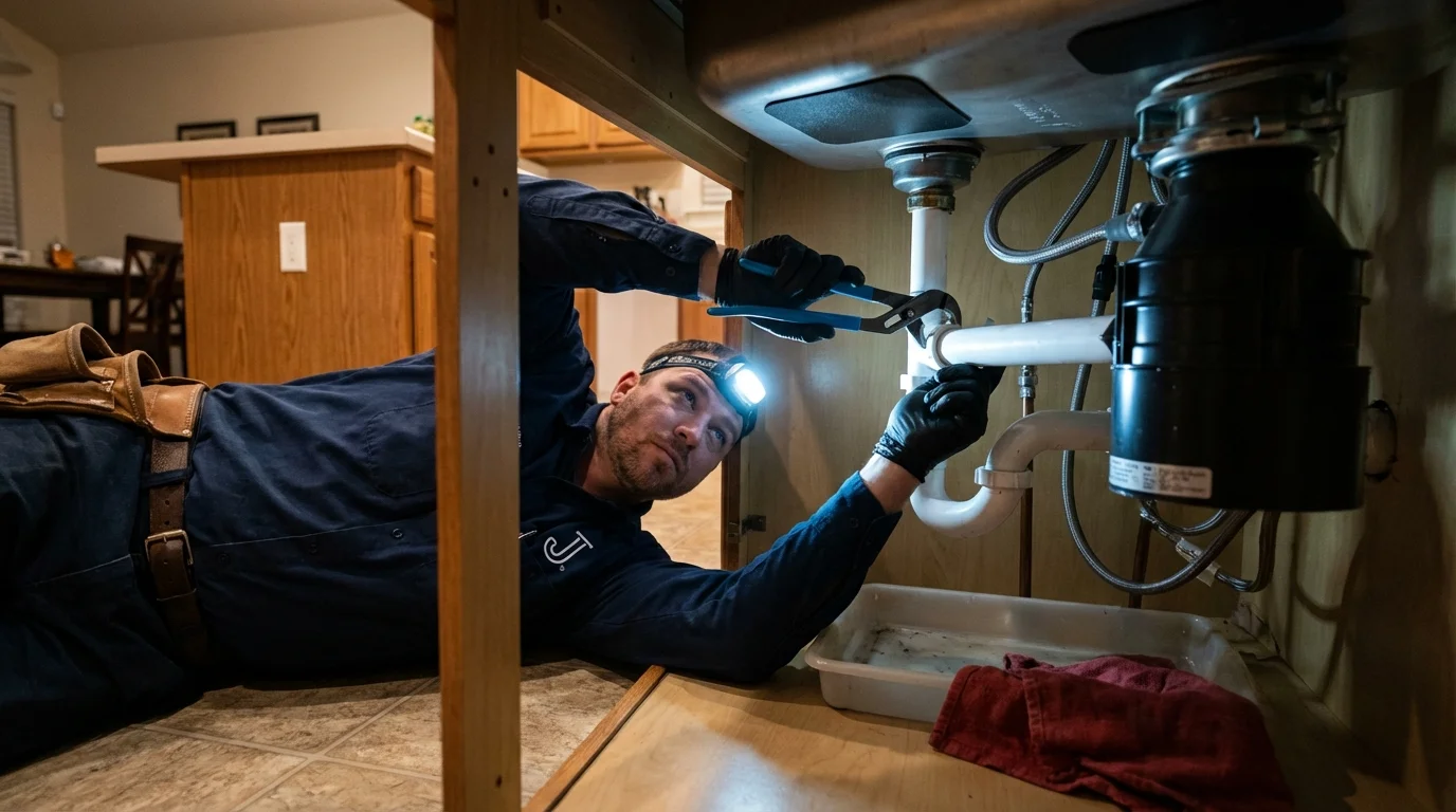 P-trap and supply line connections under a kitchen sink showing a common leak point in Red Lodge, MT